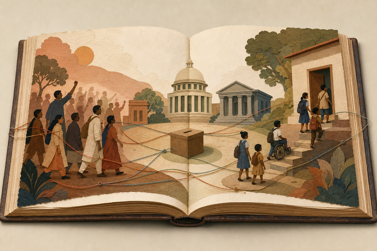 A wordless schoolbook connects scenes of anti-colonial history, civic institutions, and students facing unequal access to education.