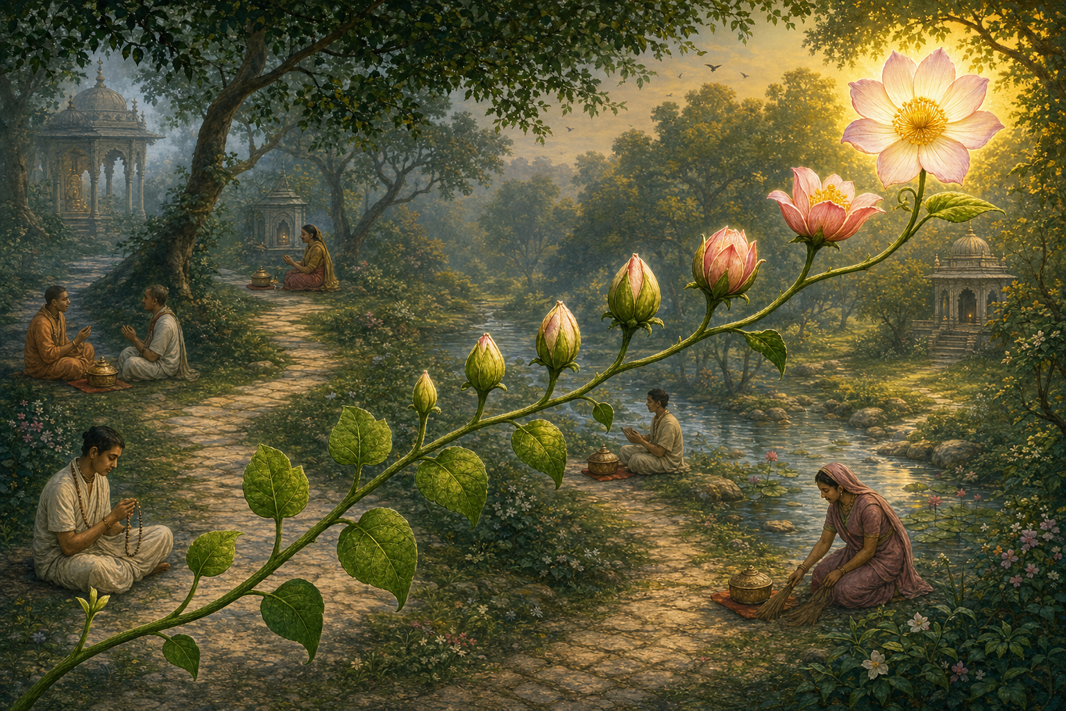 A vine progresses through nine stages from a new shoot to a full flower beside a winding path with scenes of devotion and bowls of prasadam.