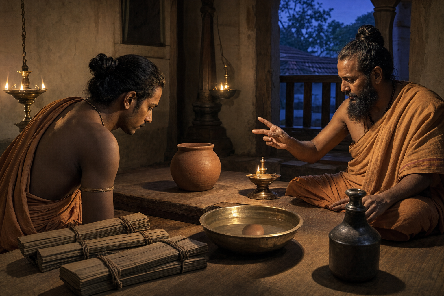 A medieval Indian scholar considers a clay vessel, distant smoke, and a palm-leaf manuscript as three sources of knowledge.
