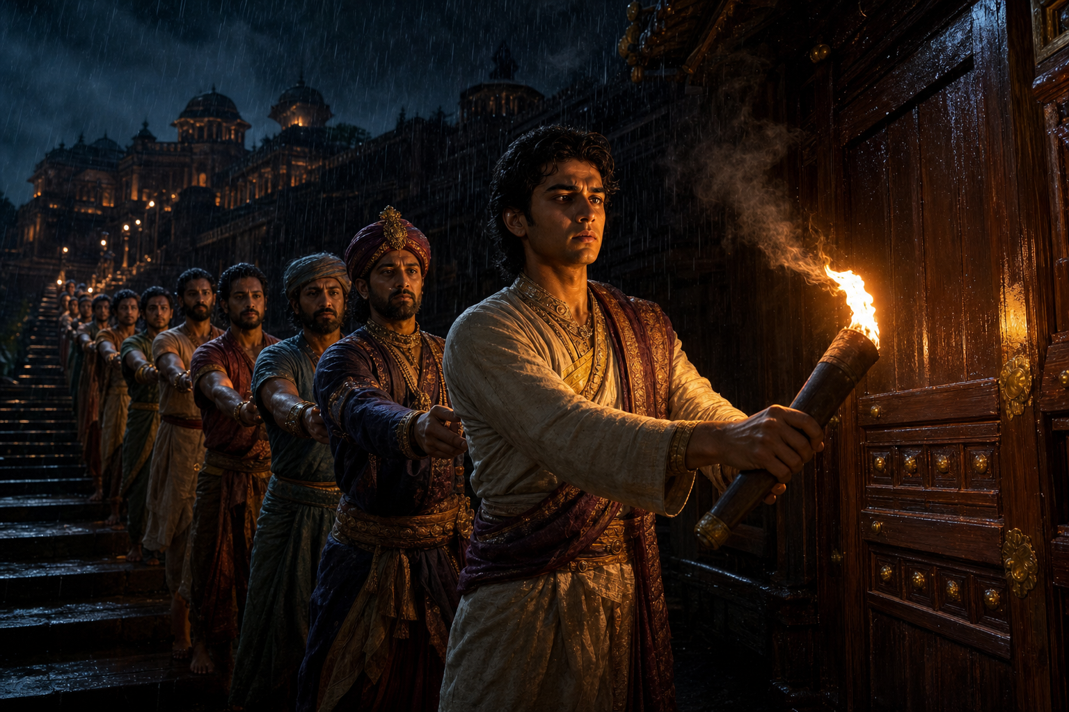 A young official pauses with a burning torch after it has been passed through a line of rulers, officers, and attendants toward a lacquer-coated house.
