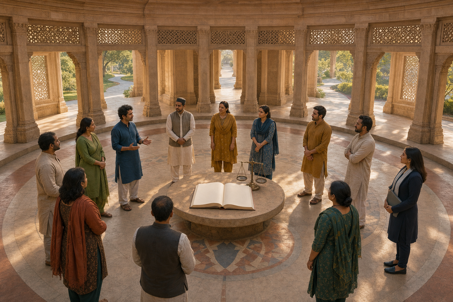 Diverse citizens gather around an open book and balanced scale beneath the columns of a circular civic hall while a public official listens nearby.