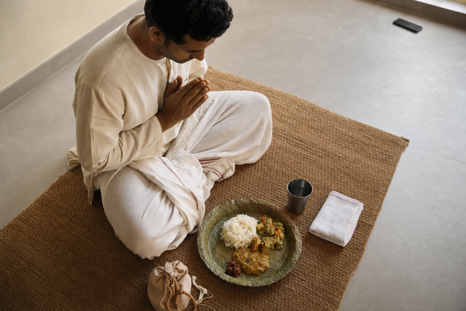 A devotee joins their hands before a modest plate of prasadam in a quiet room with distractions set aside.