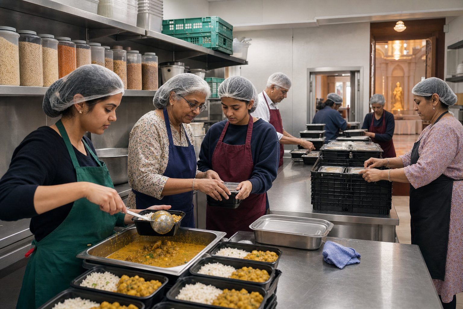 Worshippers sing kirtan in a British temple while nearby volunteers prepare vegetarian food and welcome families and an older visitor.