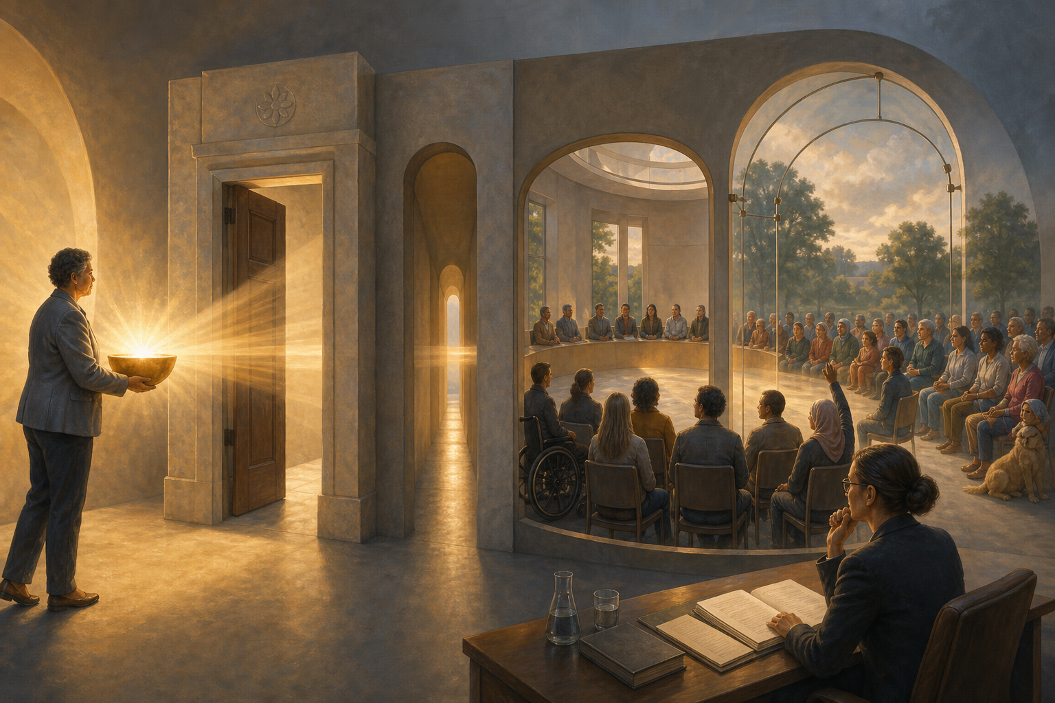 An administrator offers a bowl of light that passes through a series of civic thresholds before reaching a diverse seated community and an independent reviewer.