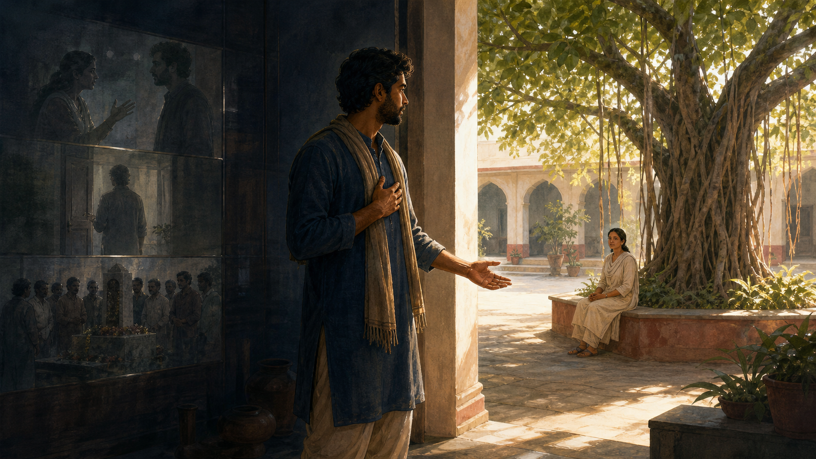 A person pauses at a doorway between dim reflections of past events and a sunlit courtyard where another person waits beneath a banyan tree.