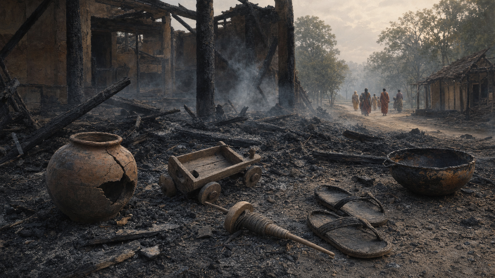 A cracked pot, toy cart, spindle, sandals, and cooking bowl lie among the ashes of a burned house while distant survivors walk toward a forest.