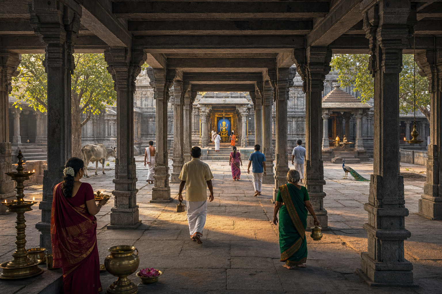 Vishnu stands at the luminous center of a cosmic landscape whose distinct people, animals, natural forms, and celestial beings are connected to him by golden light.