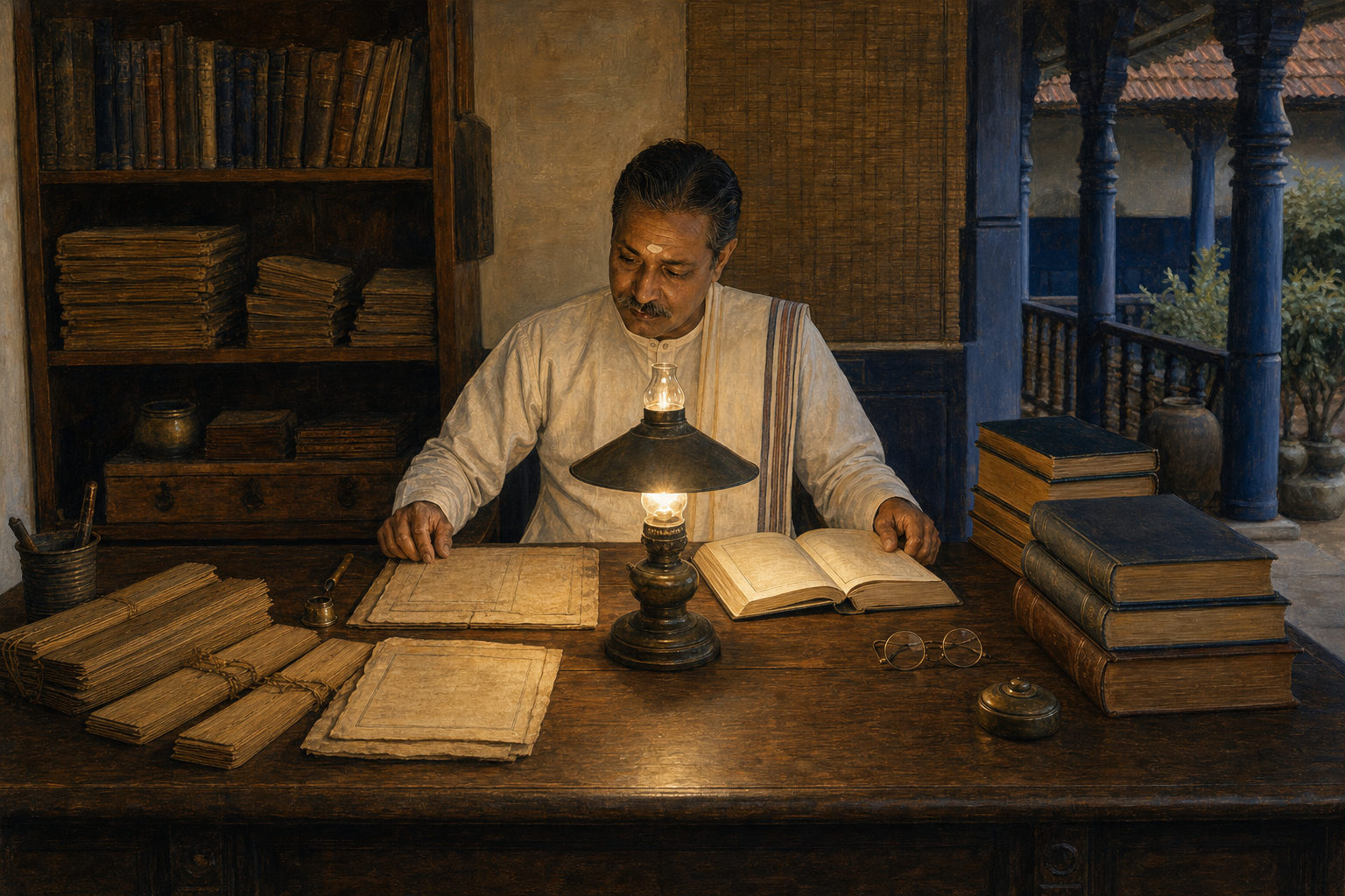 A scholar compares manuscripts and bound books arranged on opposite sides of a teak desk in a South Indian study.