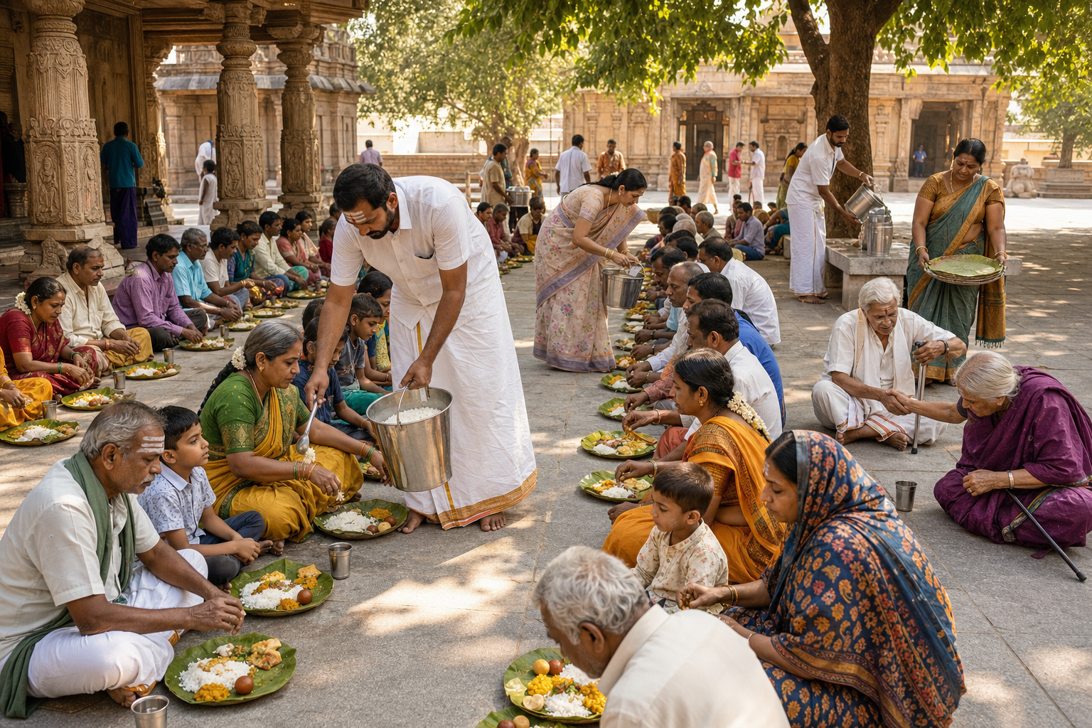 Volunteers serve prasadam to a diverse group seated with leaf plates in a shaded temple courtyard while others provide water and assist an elder.