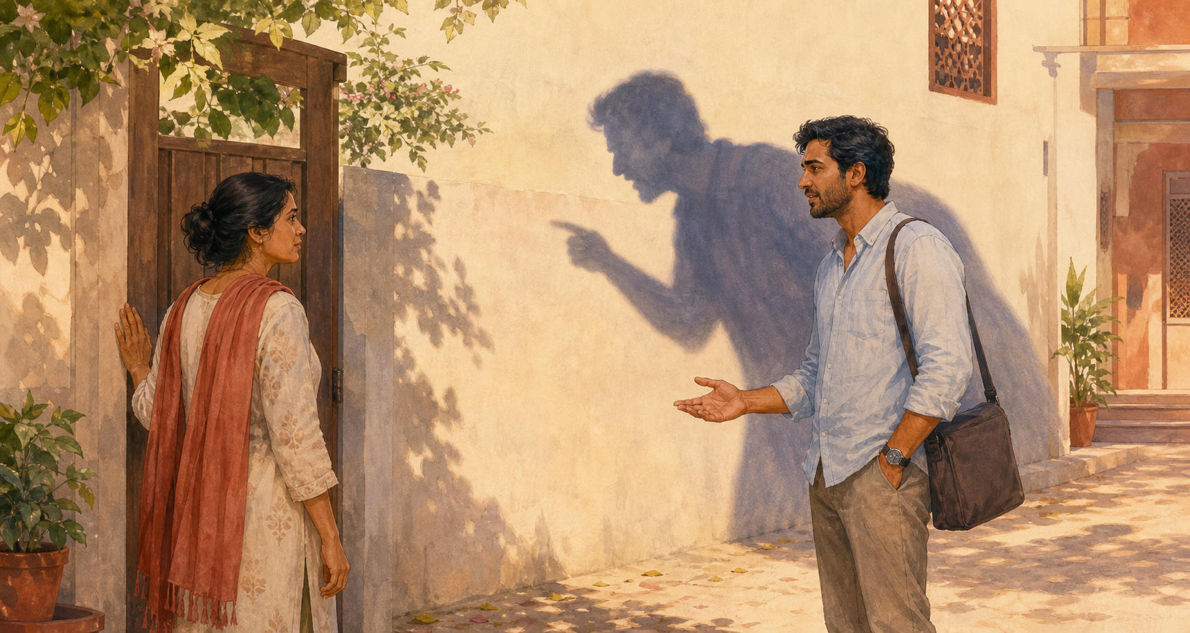 A seated person looks through a translucent fragment containing a blurred past disagreement while another person remains clearly visible across the room.