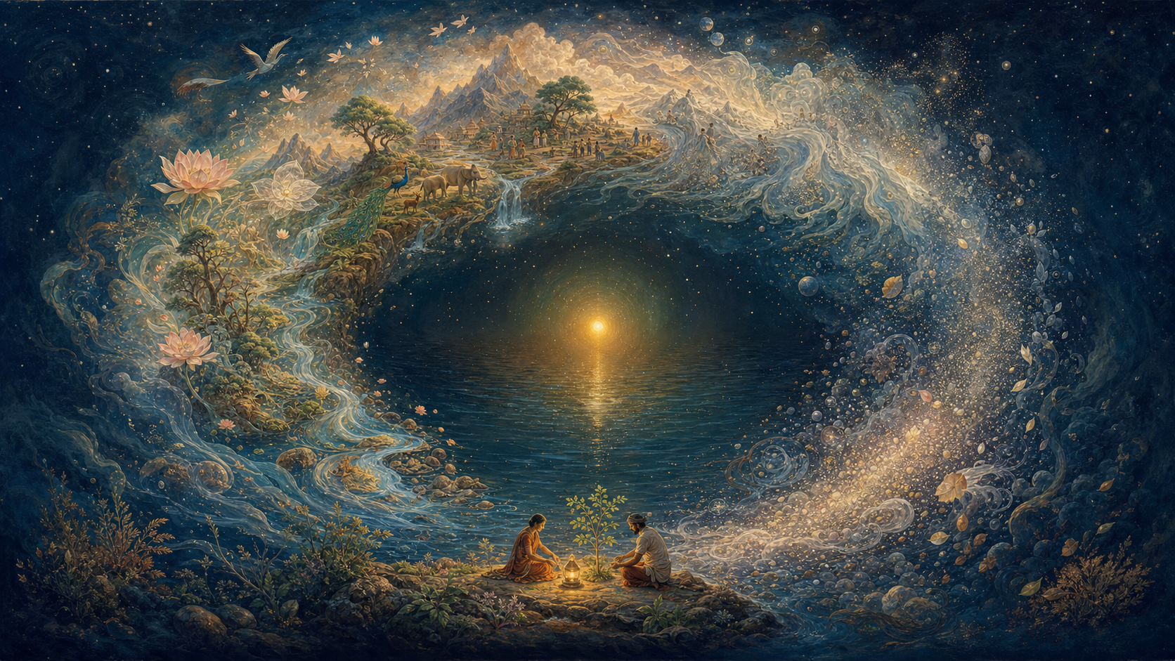Stars, landscapes, plants, animals, and human figures unfold from a golden point on one side and dissolve into light and water on the other, while two people tend a lamp and sapling below.