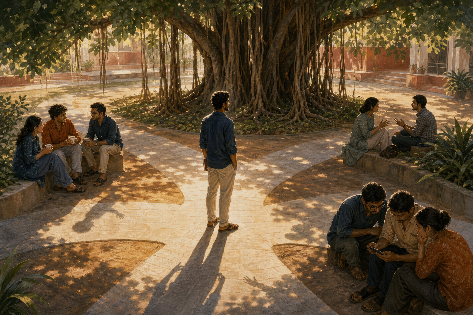 A South Asian adult stands beneath a banyan tree where courtyard paths lead toward groups of friends, coworkers, and people using a smartphone.