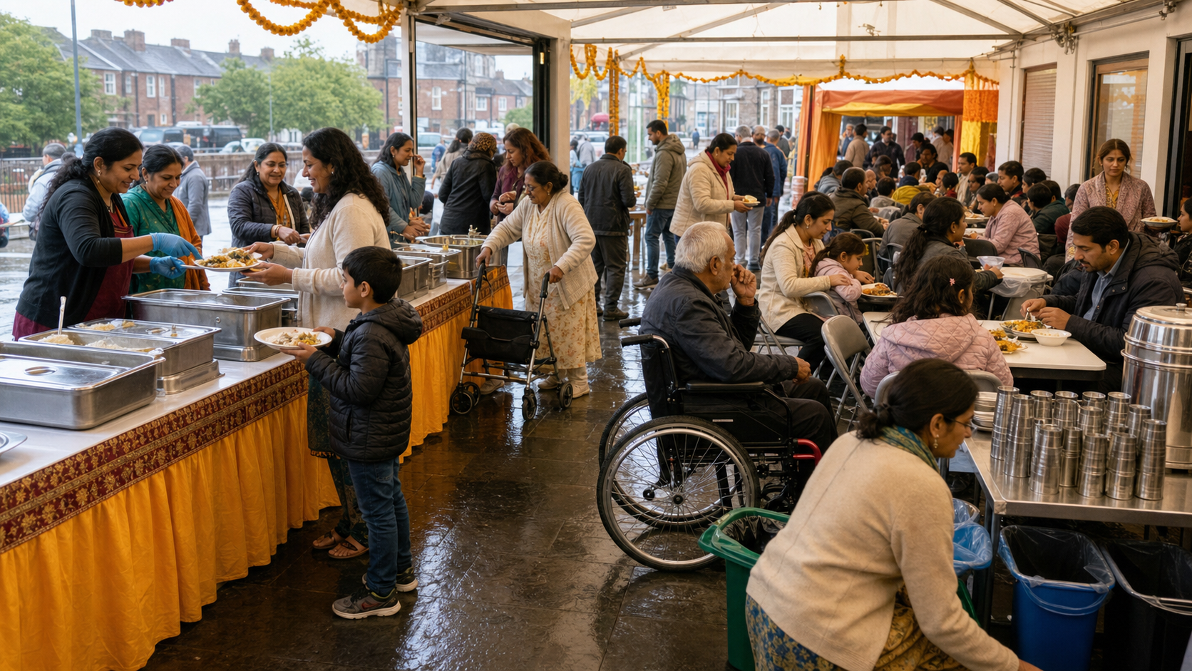 Volunteers serve a vegetarian meal to a diverse crowd beneath a covered temple courtyard, with accessible seating, water and family areas visible.
