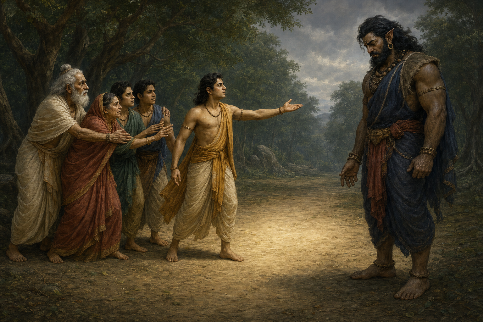 A Brahmin family's middle son steps forward while his parents and brothers reach toward him and Ghatotkacha watches from across a forest clearing.
