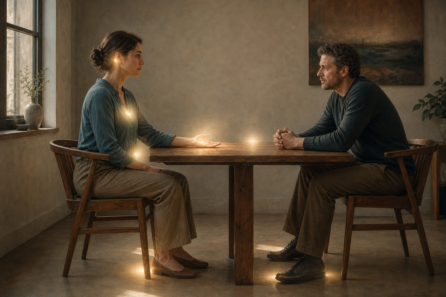 Two people pause during a tense conversation as one grounds their feet, relaxes their shoulders, breathes, and listens with an open hand.