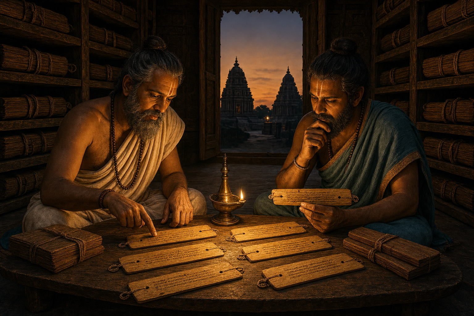 Two medieval Indian scholars compare separate palm-leaf manuscripts in a lamplit monastery library while two temple towers appear beyond the doorway.