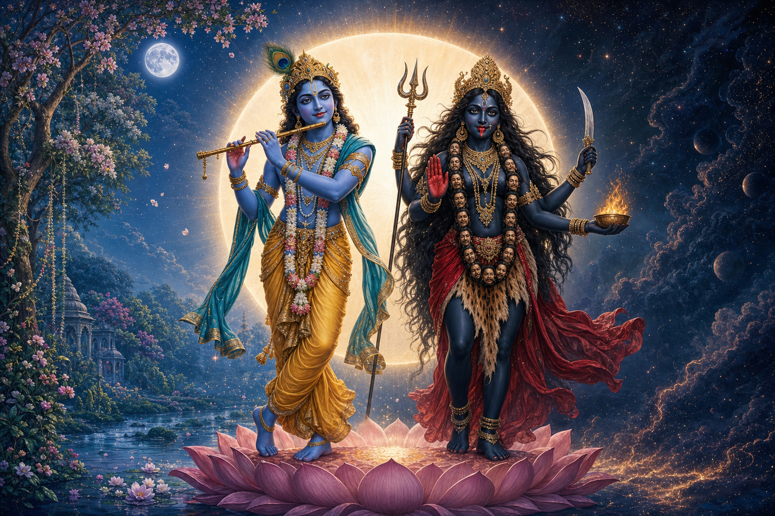 Krishna with a flute and Kali with four arms stand as distinct figures before one shared golden halo and lotus, between a moonlit grove and a vast night sky.