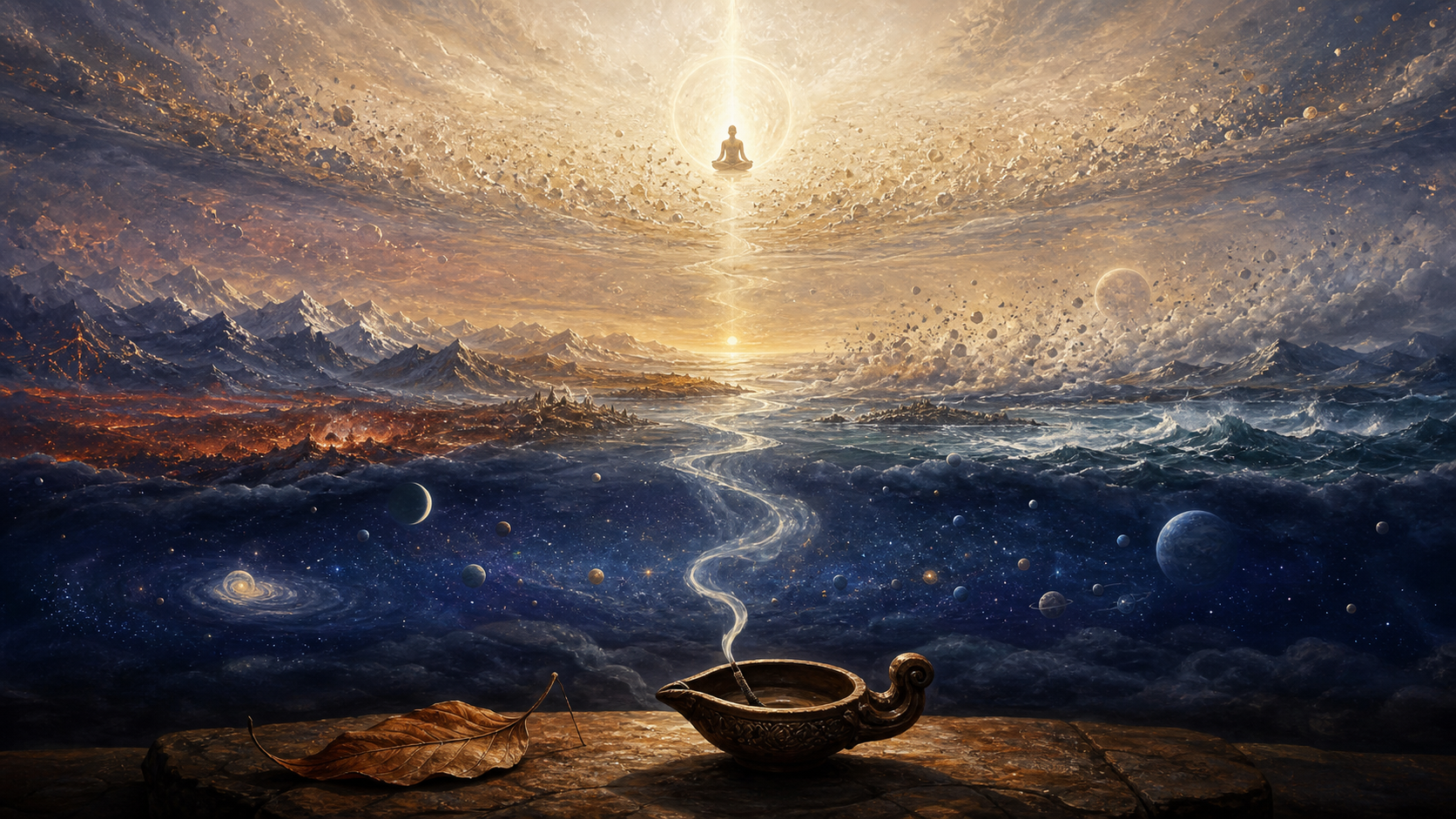 A nested cosmic landscape shows a fallen leaf and extinguished lamp, a celestial night, worlds dissolving into radiance, and a meditating figure entering open light.
