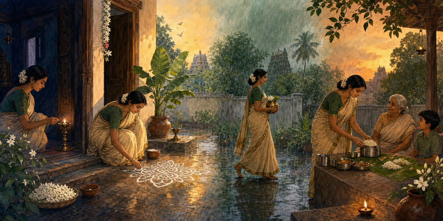 Illustration of a Tamil devotee lighting a lamp, drawing a kolam, carrying an offering, and serving food in a courtyard shown under changing seasonal light.