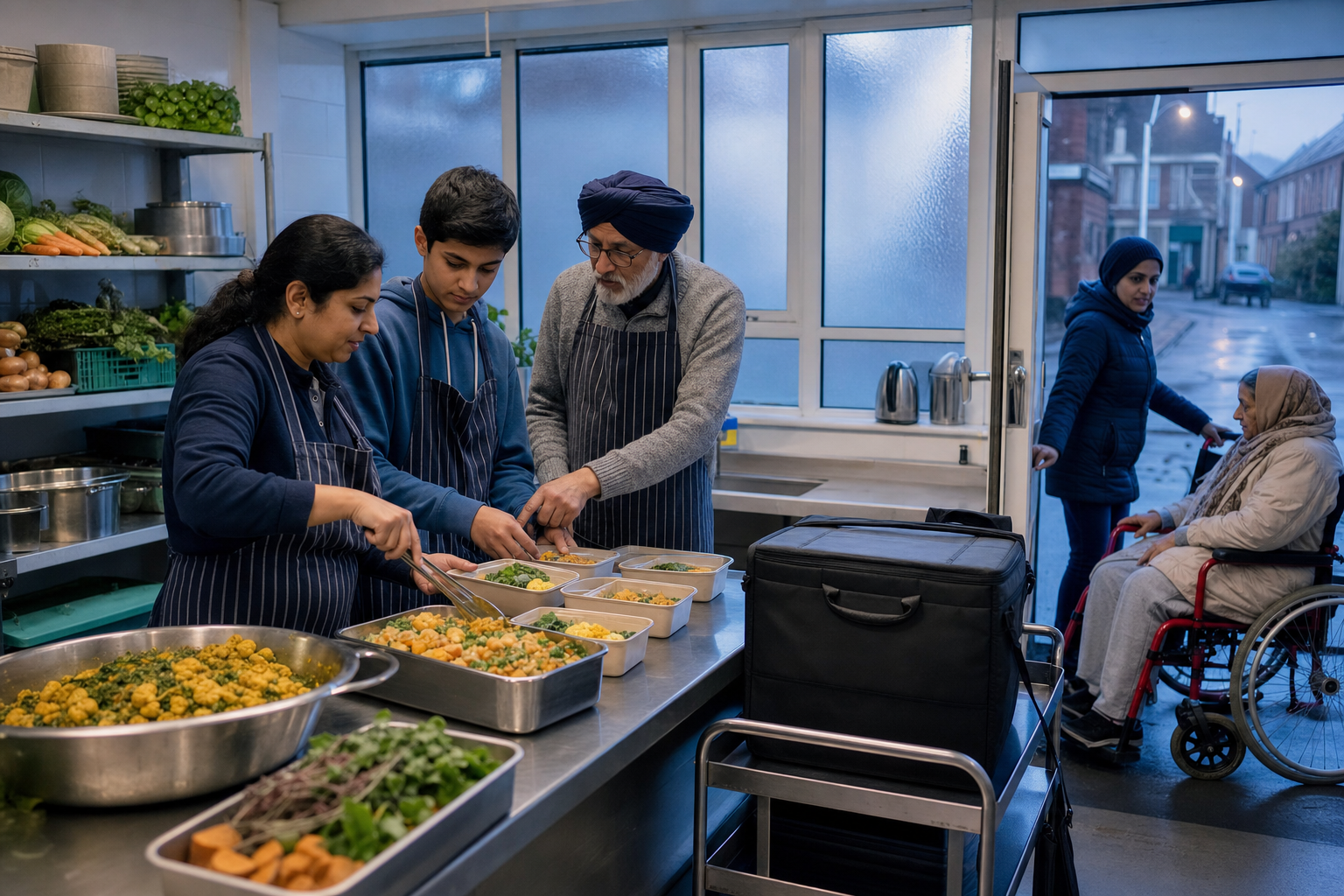 A multigenerational volunteer team portions vegetarian meals in a temple kitchen at dawn while preparing reusable carriers for community delivery.