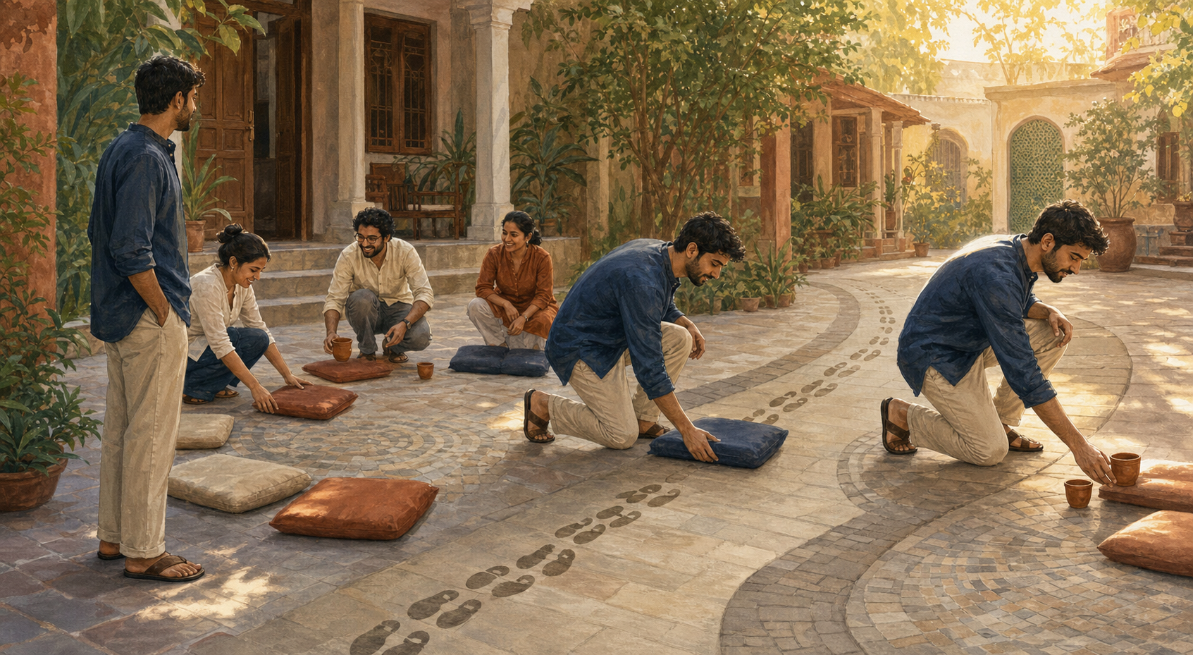 The same person appears three times along a courtyard path, progressing from watching a group to helping arrange cushions and clay cups.