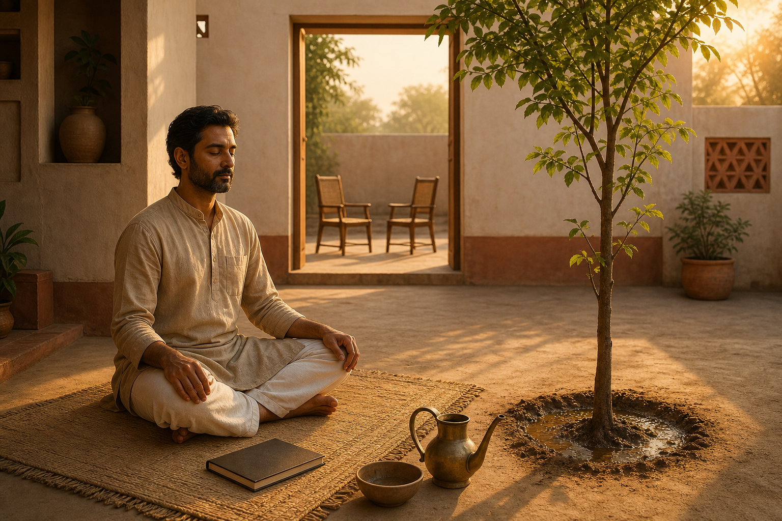 A person meditates at dawn beside a watered young tree, with two chairs prepared for a future conversation visible through a doorway.