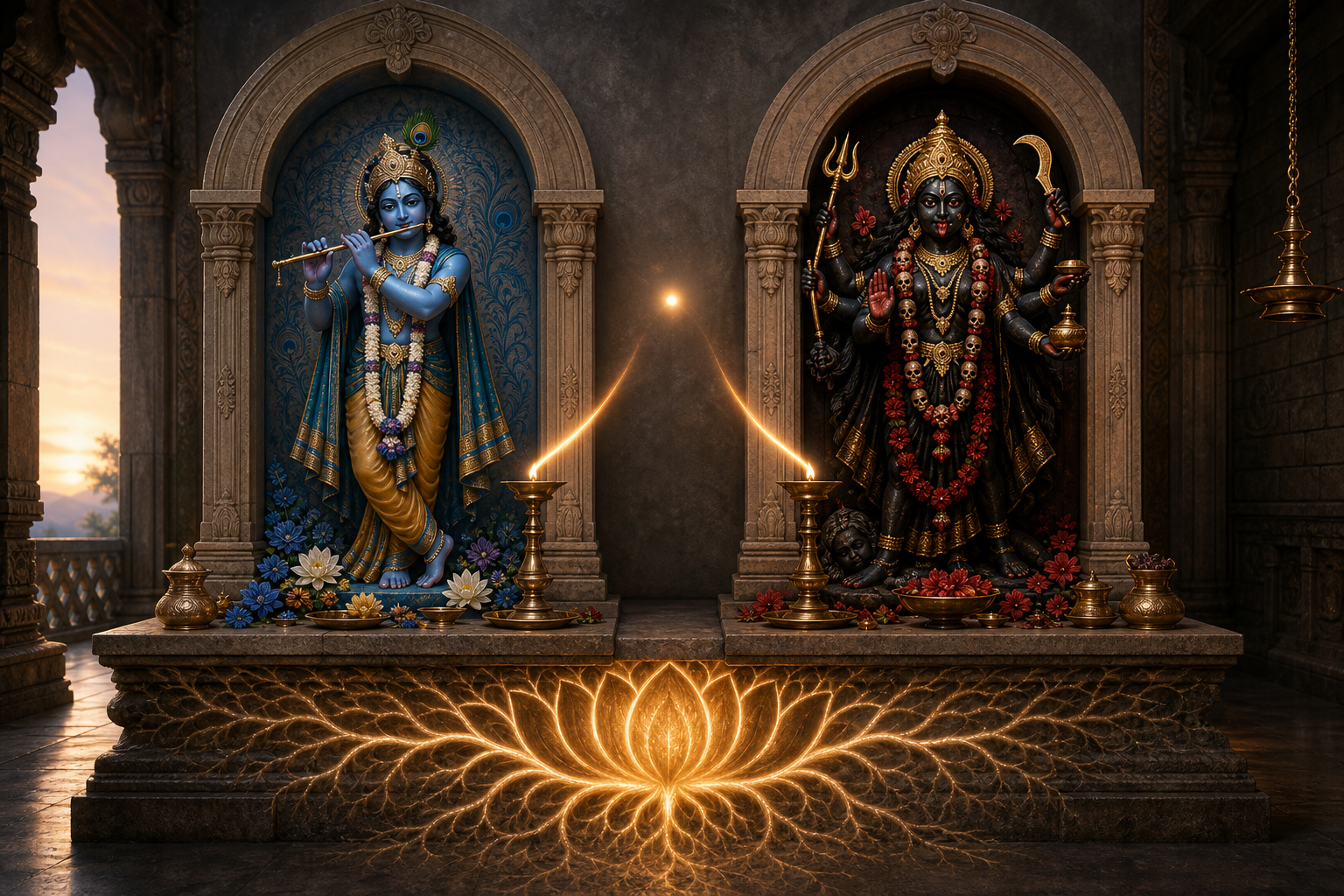Separate Krishna and Kali shrine niches stand above one luminous lotus-root pattern, with two oil-lamp flames bending toward a shared central light.