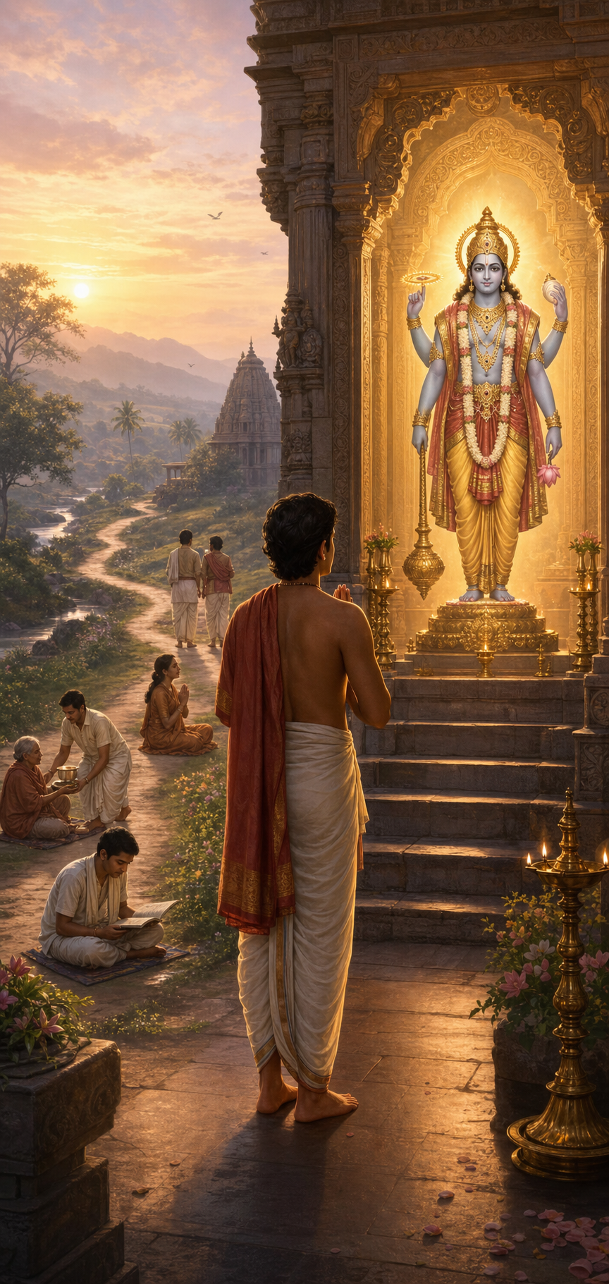 A devotee stands with folded hands before a luminous image of Vishnu, with scenes of study, service, and prayer along the path behind.