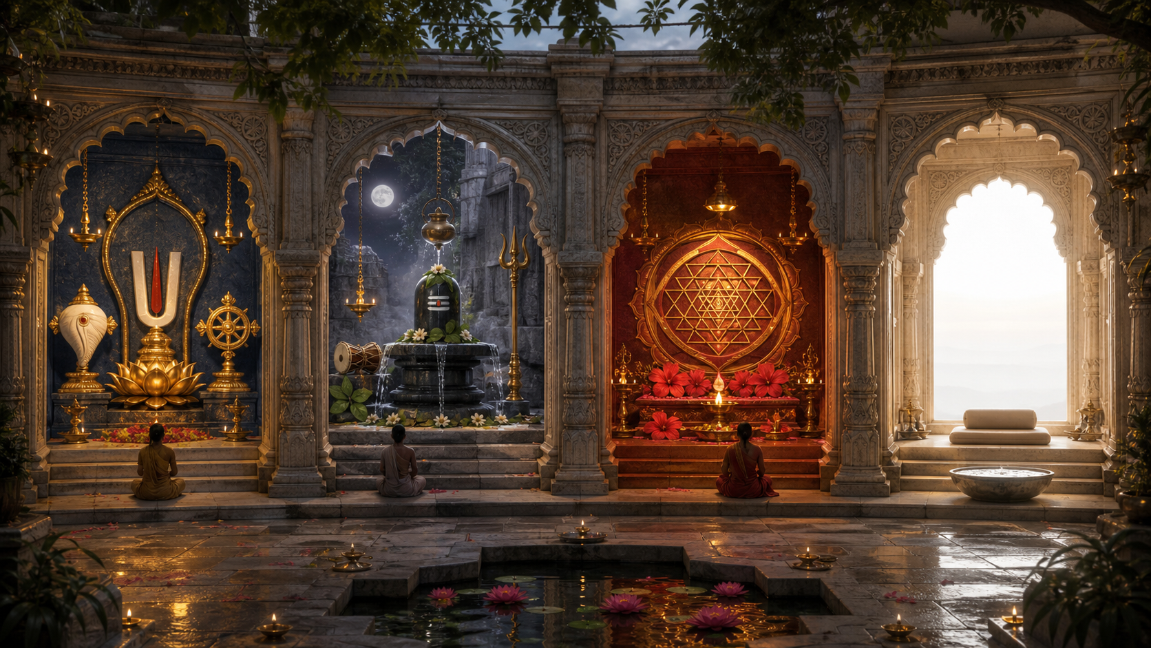 Four separate temple alcoves contain Vaishnava emblems, a Shiva linga, a Shakta altar, and an empty meditation seat facing clear light.