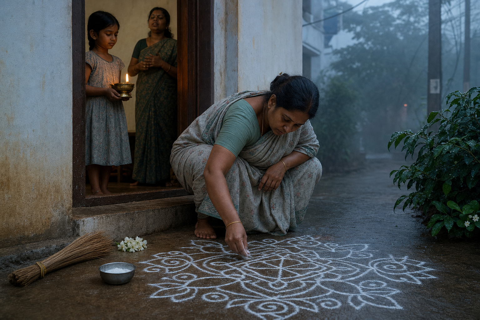 A woman draws a rice-flour kolam at a Tamil home before sunrise while family members hold a brass lamp and sing nearby.