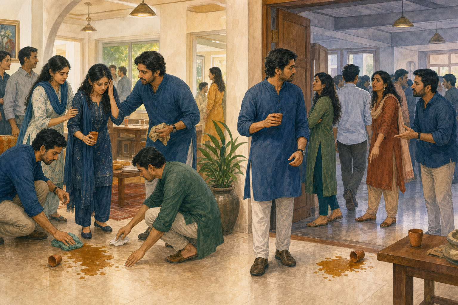 Two groups react differently to spilled tea in a community hall, with one group helping clean and another responding impatiently.