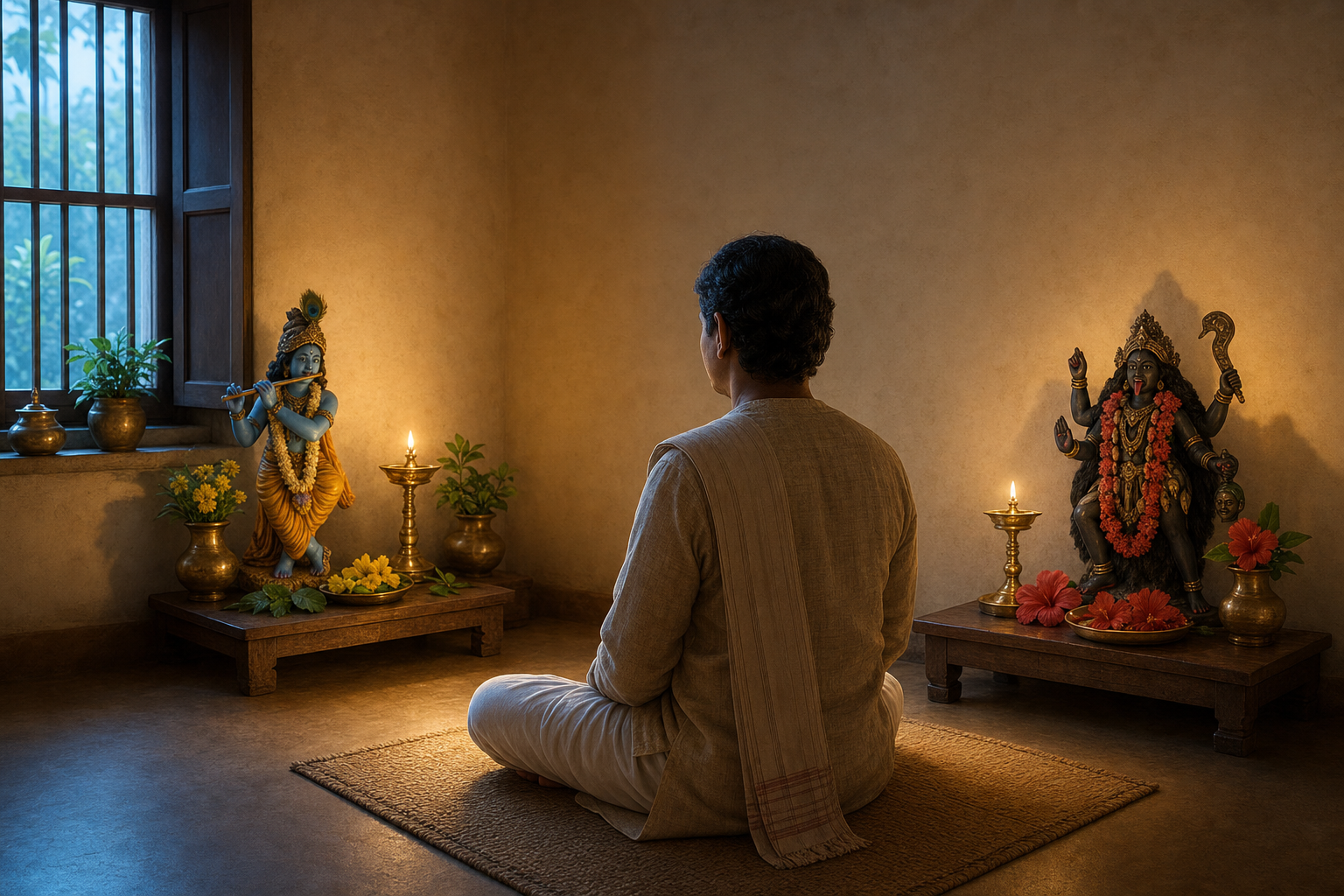 A seated practitioner meditates before separate Krishna and Kali altar spaces whose warm lamplight overlaps around the meditation mat.