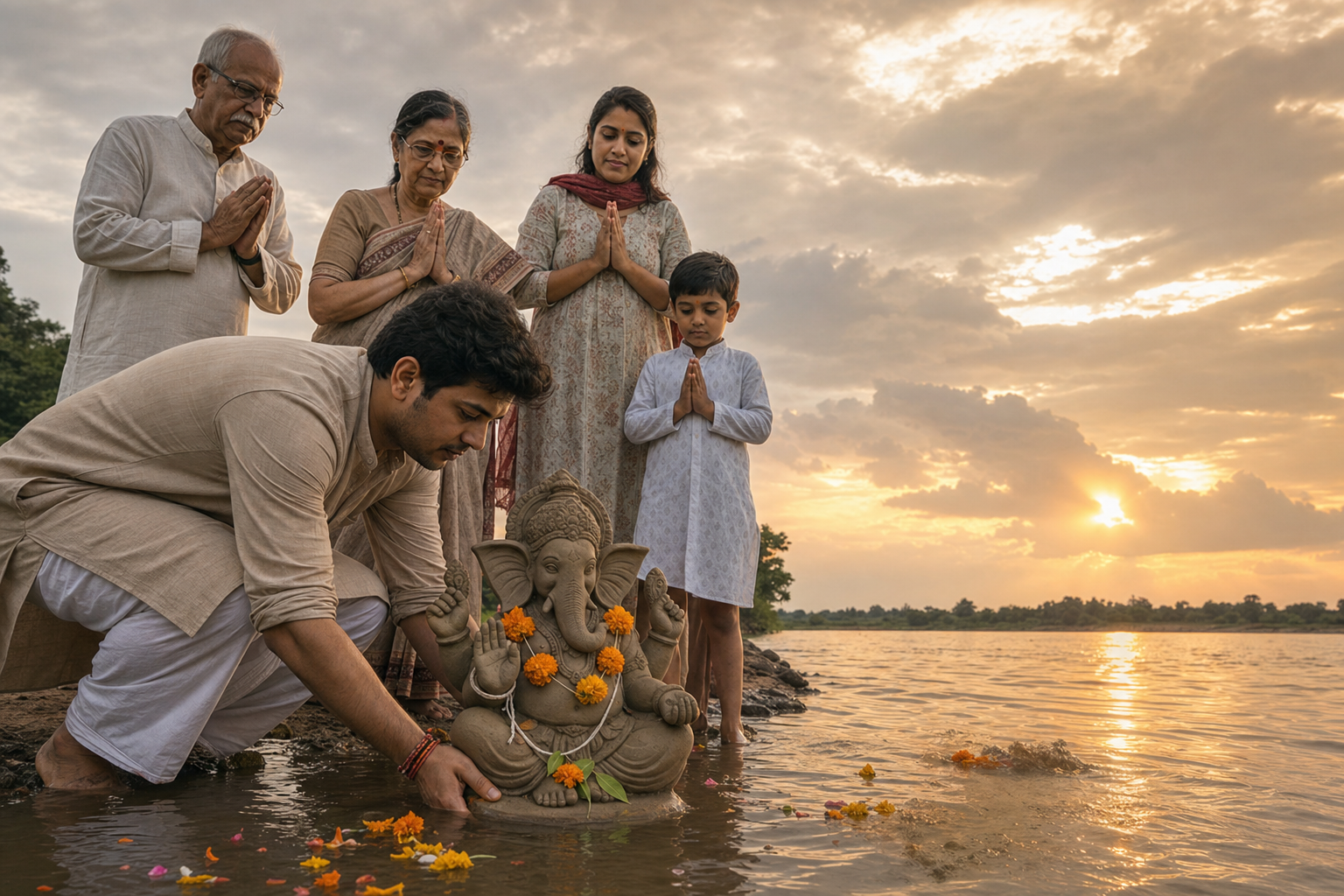 A family offers flowers and joins their hands as a small natural-clay Ganesha murti is gently lowered into a river at sunset.