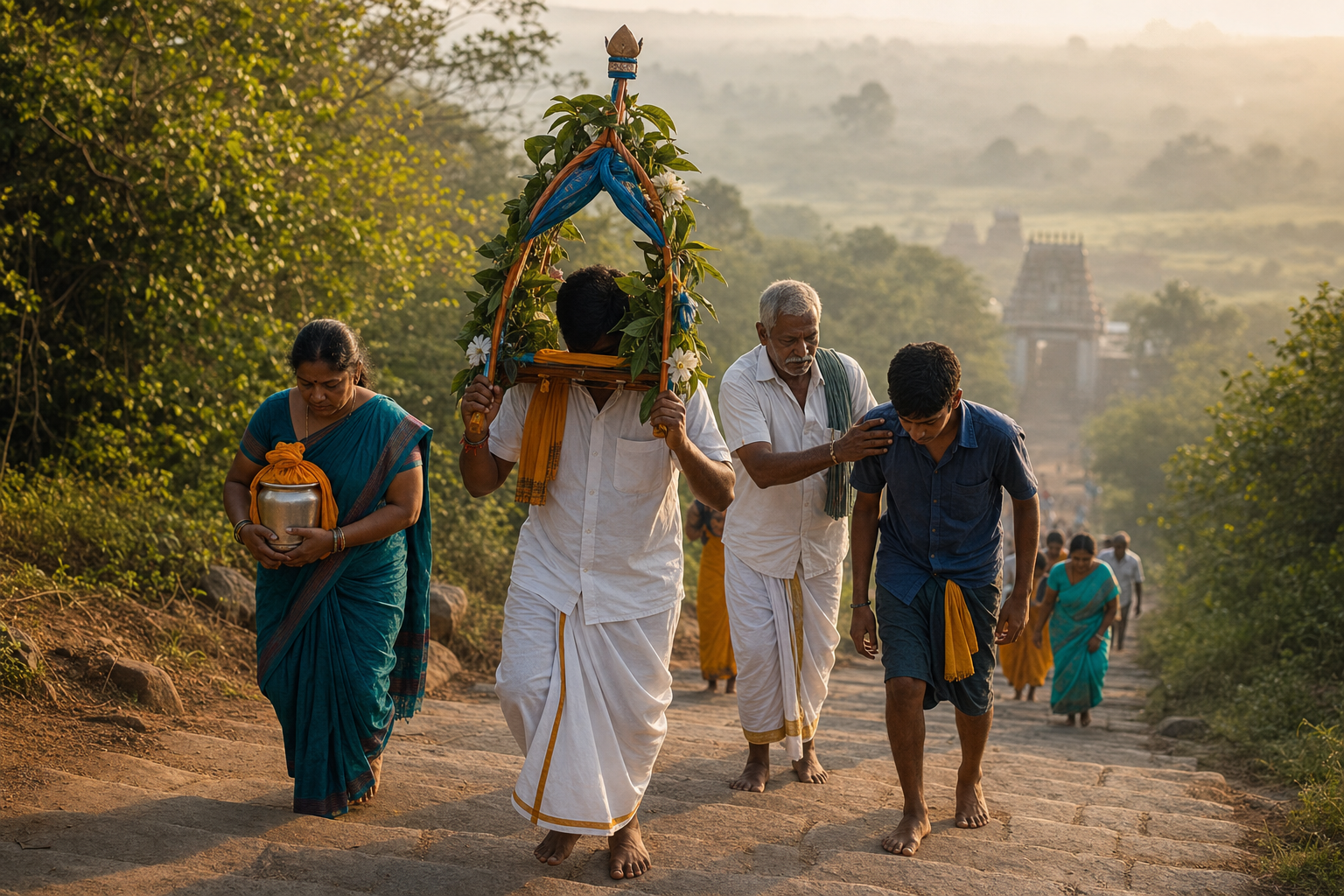 Tamil Murugan devotees climb stone hill steps together, with one carrying a flower-decorated kavadi and another carrying a covered milk pot.