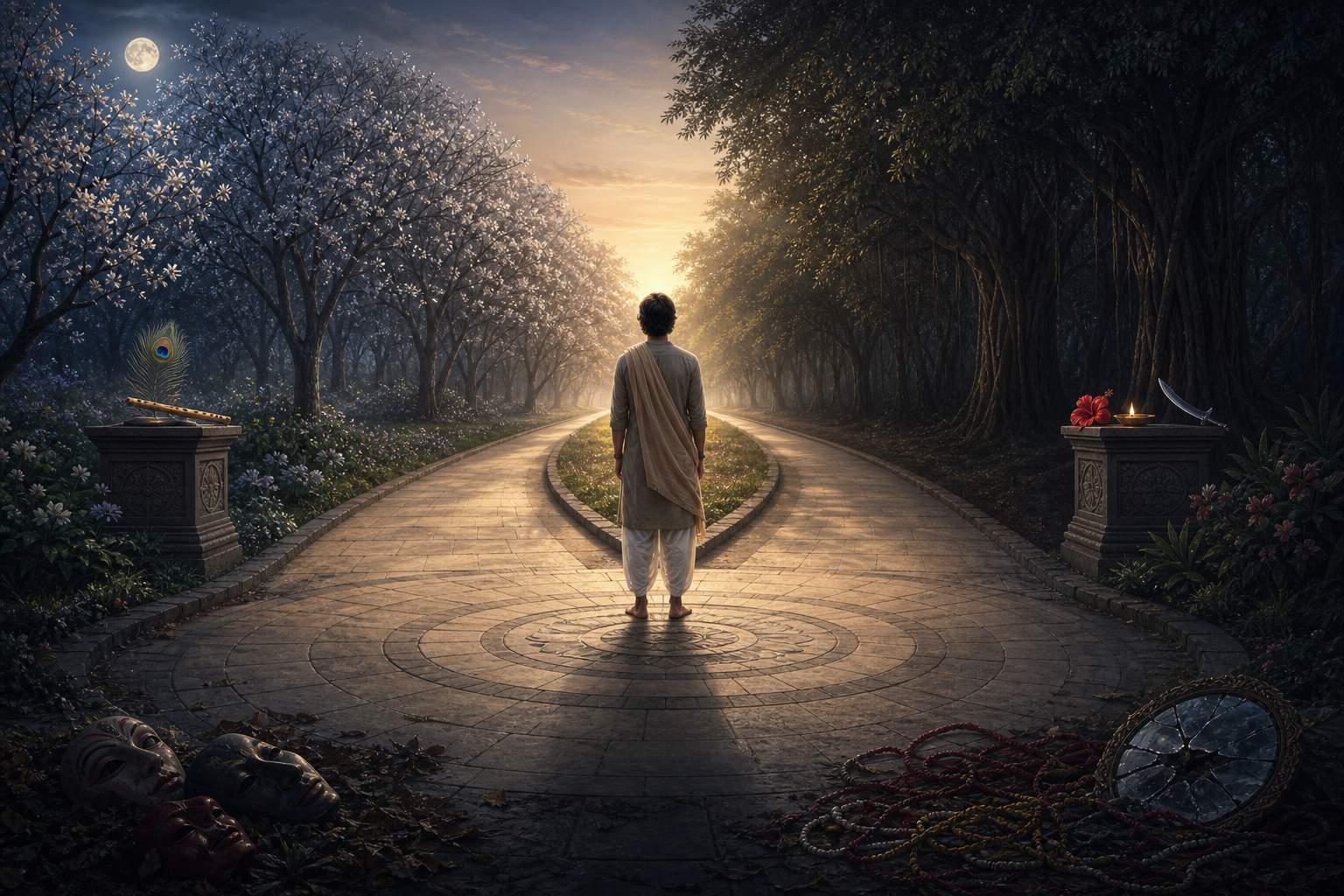 A devotee stands between two equally lit sacred paths while cracked mirrors, masks, and tangled threads remain in shadow outside the paths.