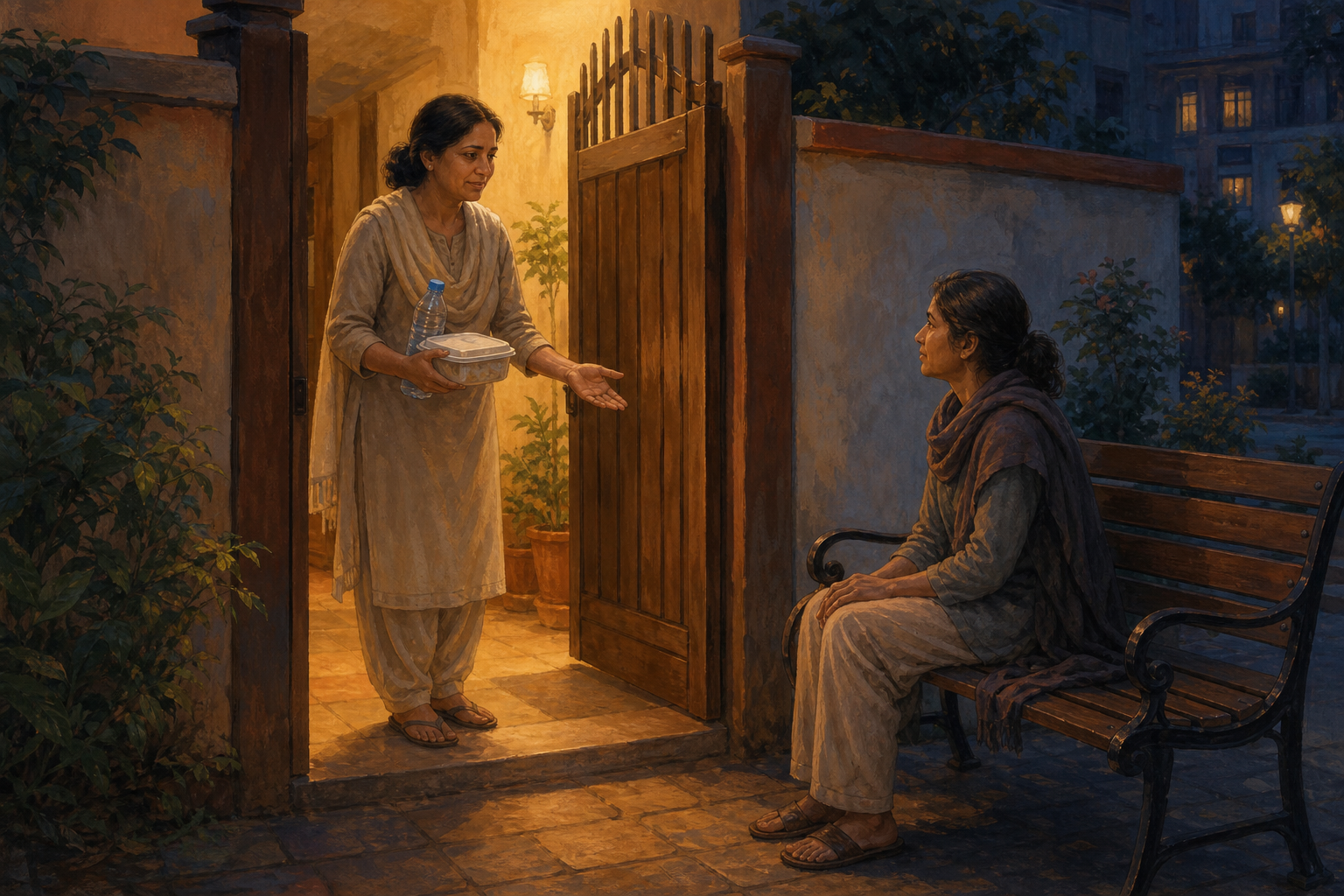 A woman offers food and water to a seated acquaintance across the partly open gate of an apartment courtyard.