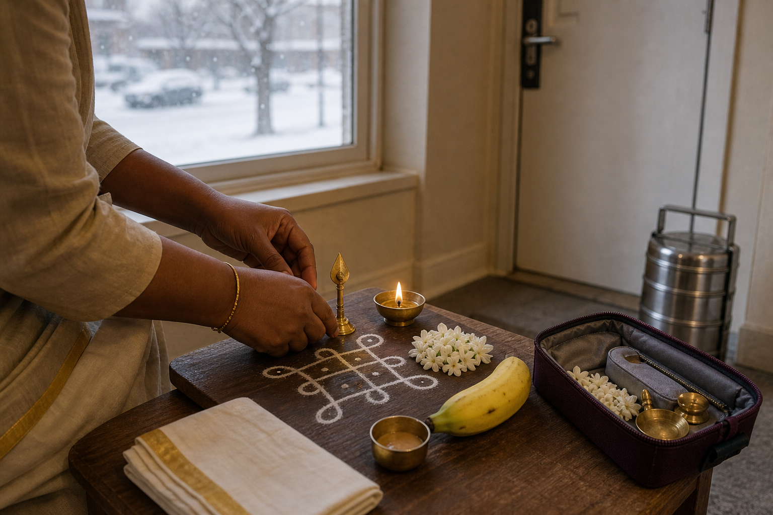 A Tamil devotee in a small apartment arranges a portable practice with a kolam board, brass lamp, miniature vel, jasmine, fruit, and a tiffin.