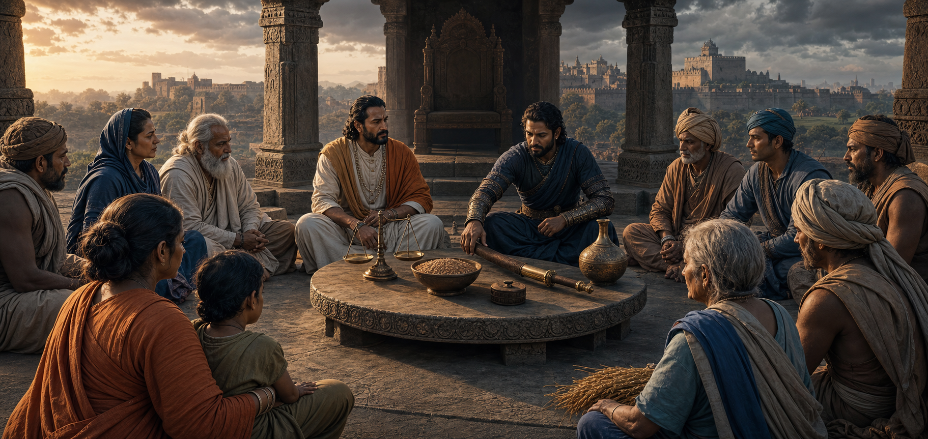A ruler, commander, and community representatives gather around a table holding a sheathed sword, balance scale, grain bowl, water vessel, and seal of office in a stone council court.