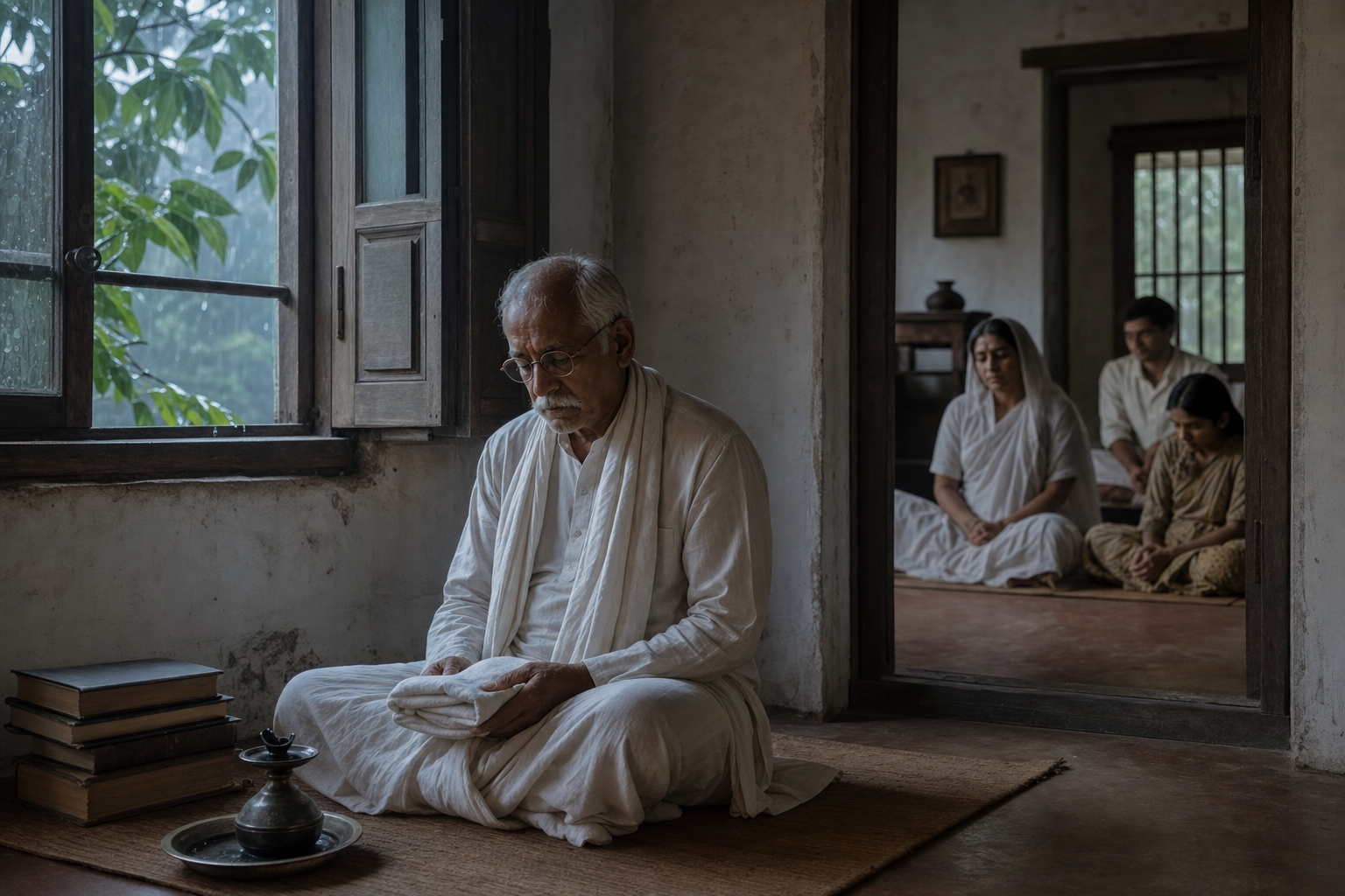 An elderly scholar sits with a folded white cloth near an extinguished lamp while relatives gather quietly in an adjoining room.