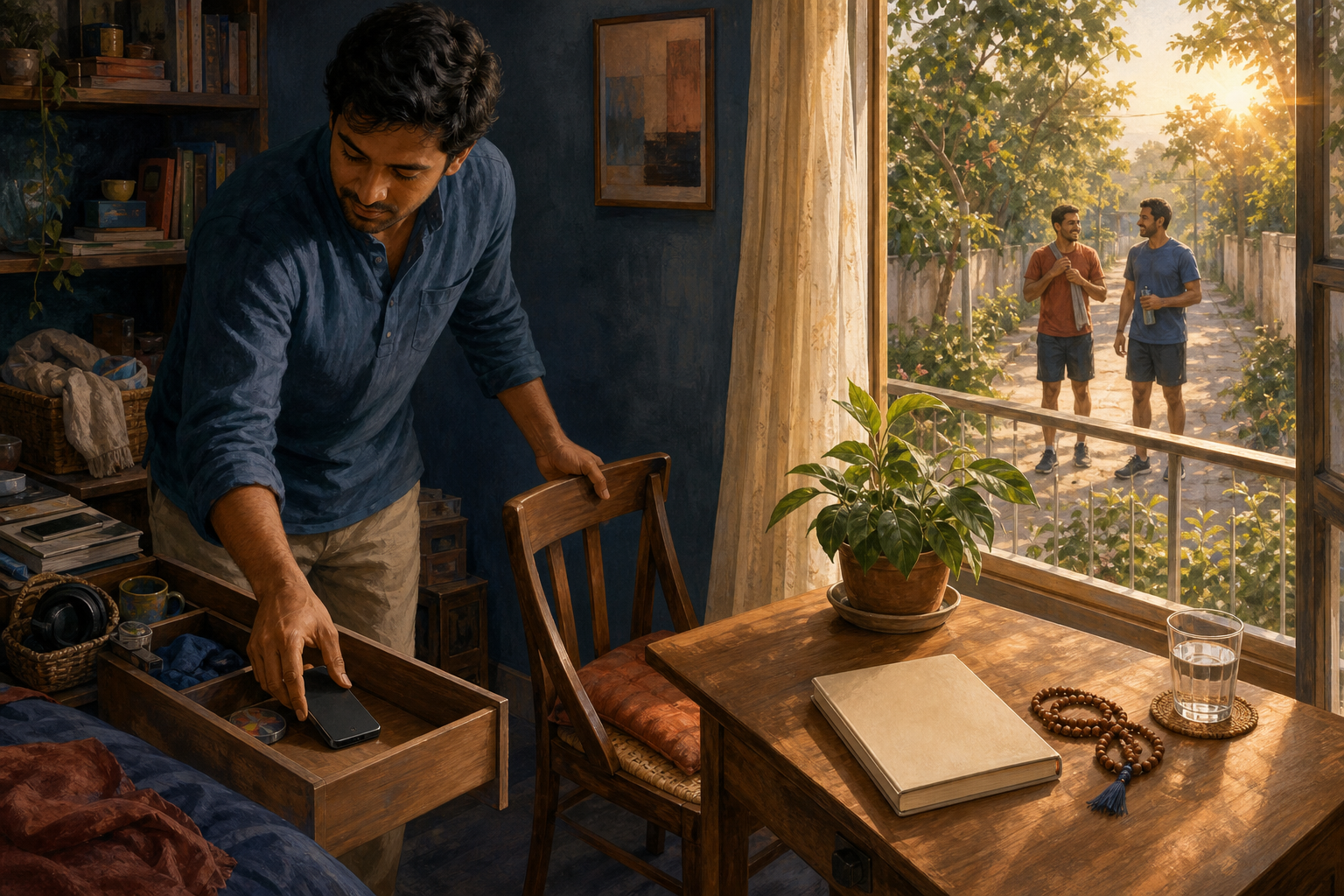 A person rearranges a home study, putting away a smartphone and moving a chair toward a sunny balcony where two friends wait outside.