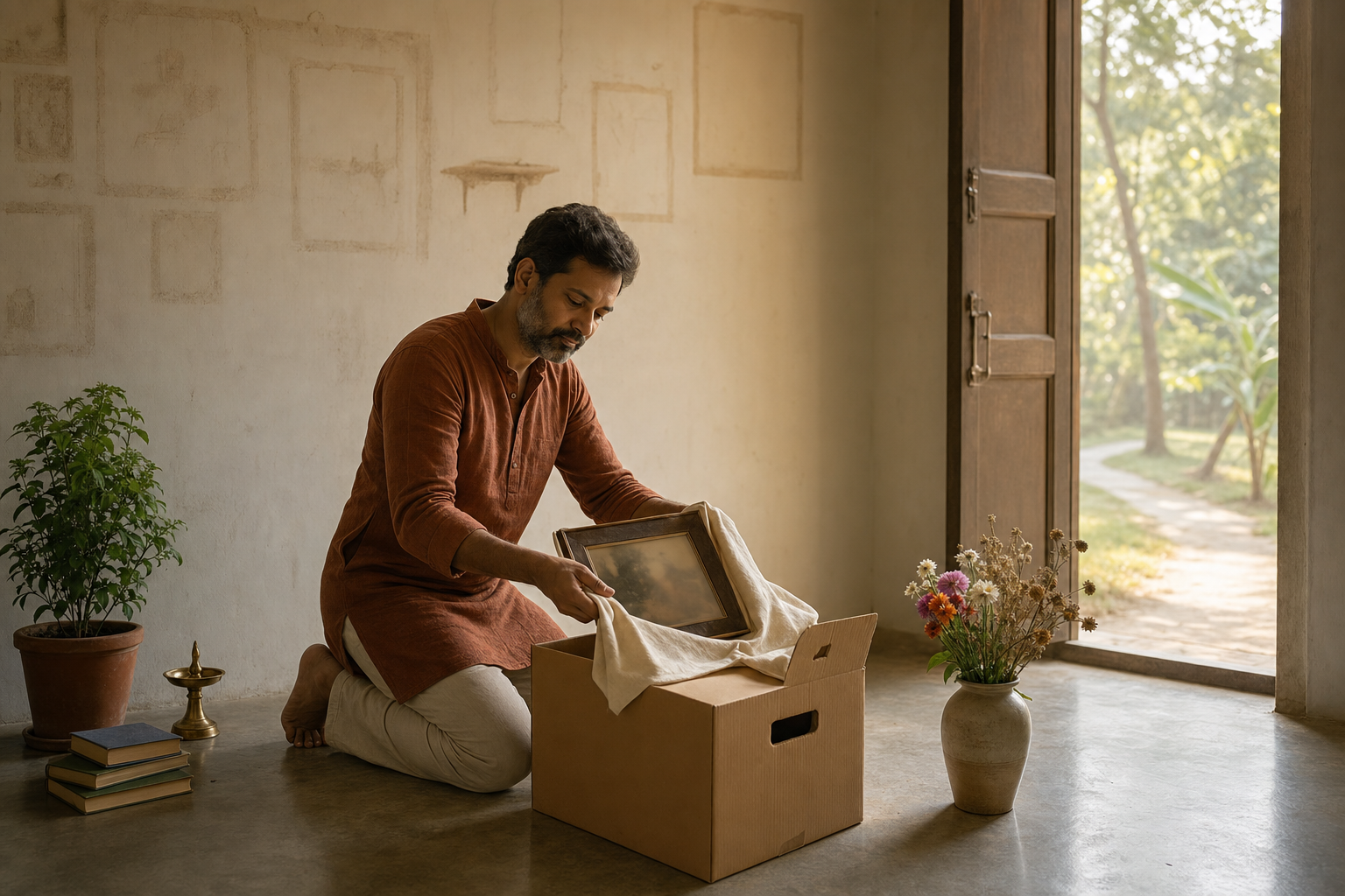 An adult carefully wraps a framed family photograph in a nearly empty room while moving boxes, flowers, a tulsi plant, and a bright open doorway surround them.
