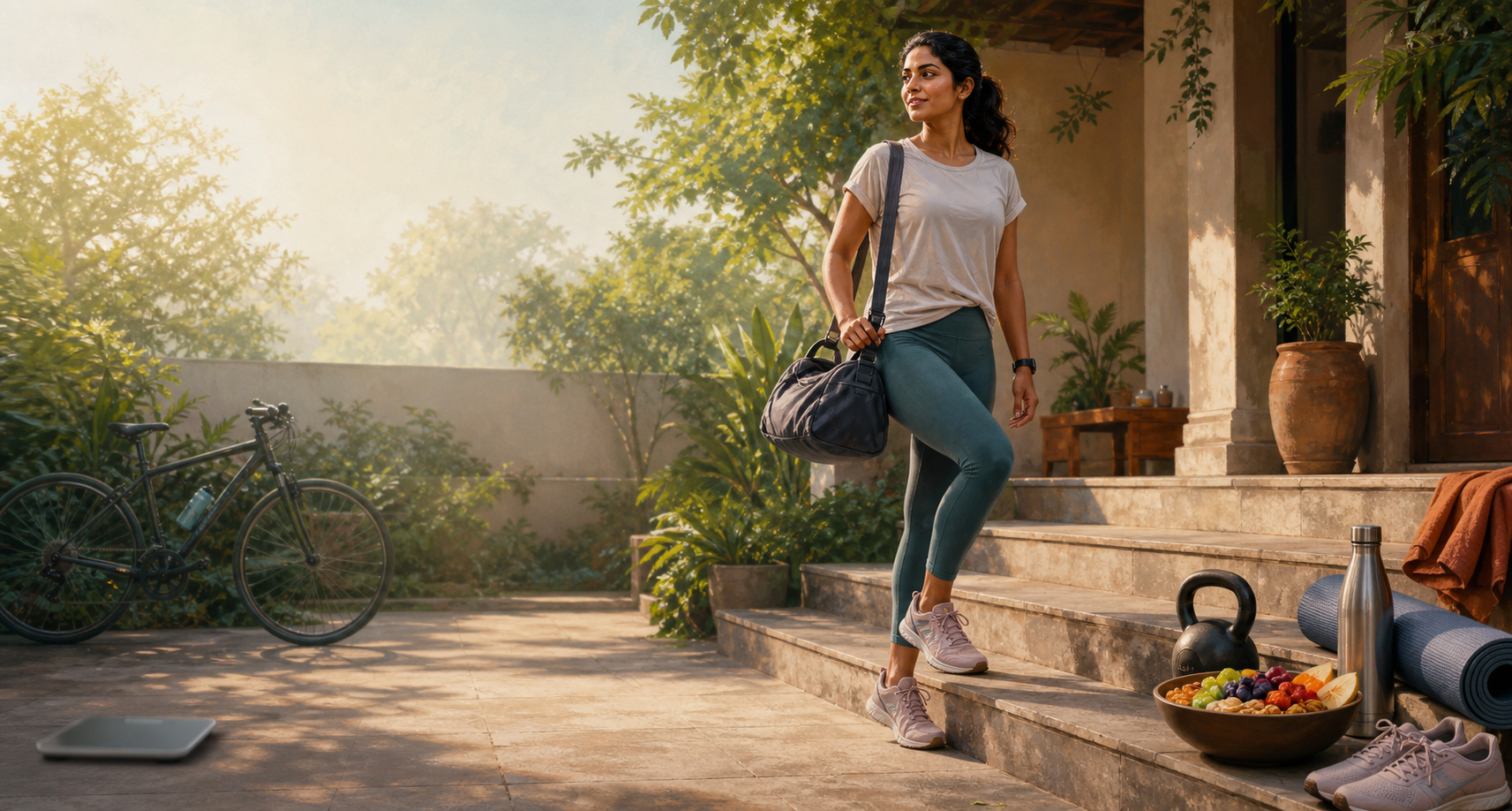 An adult stands at the top of outdoor steps after exercise, surrounded by a kettlebell, bicycle, healthy food, water bottle, and meditation mat, while a bathroom scale sits off to one side.