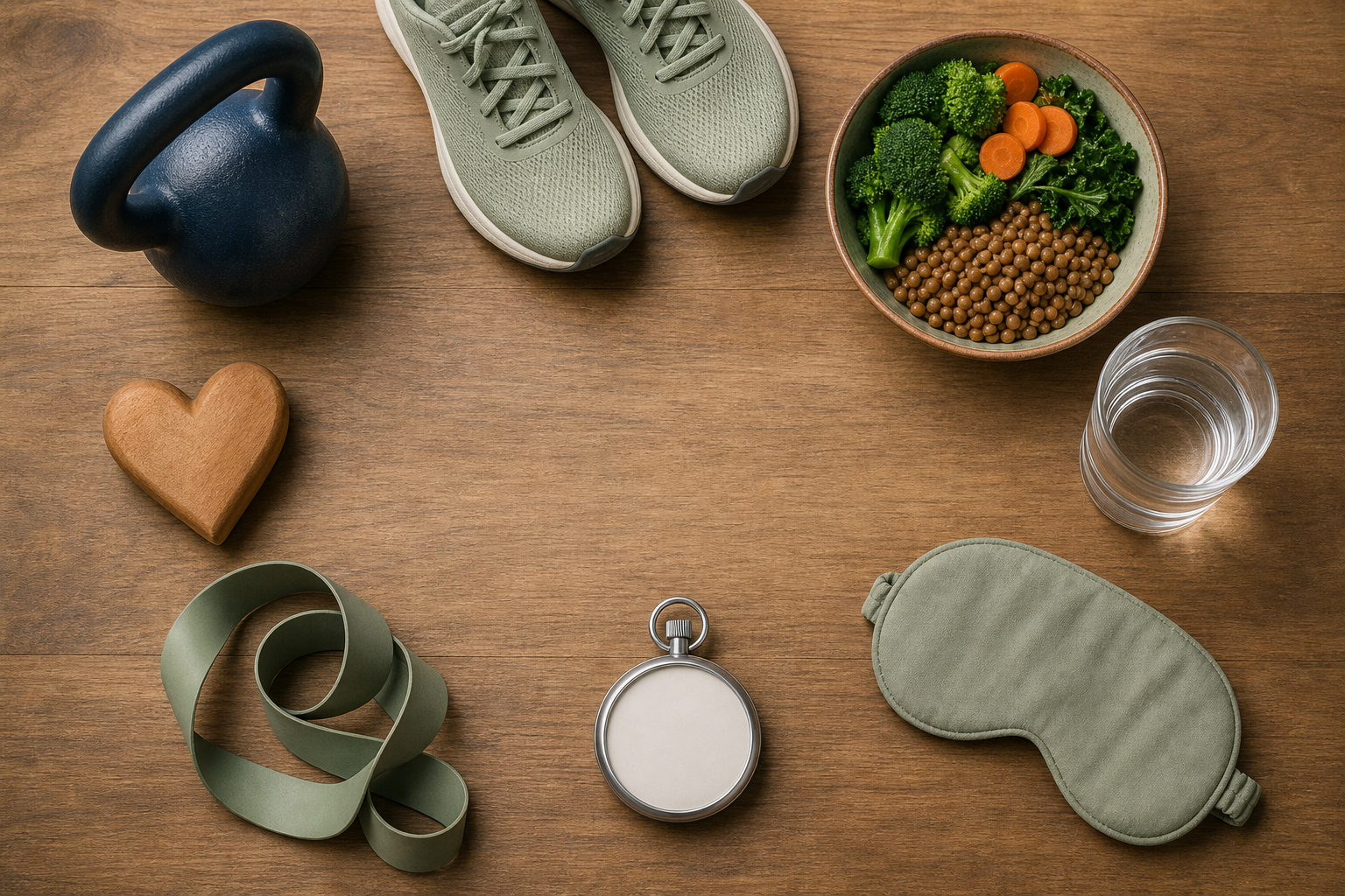 An overhead arrangement of exercise equipment, walking shoes, vegetables, water, a sleep mask, and simple health-related objects on a wooden surface.