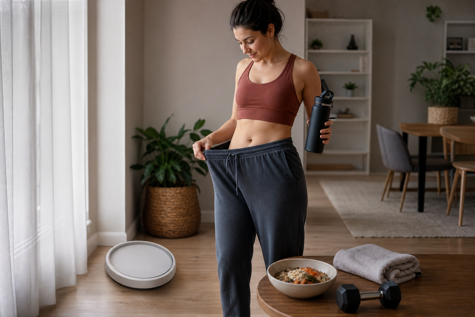 An adult with a loose waistband stands calmly beside a bathroom scale, with a water bottle, dumbbell, towel, and bowl of food nearby.