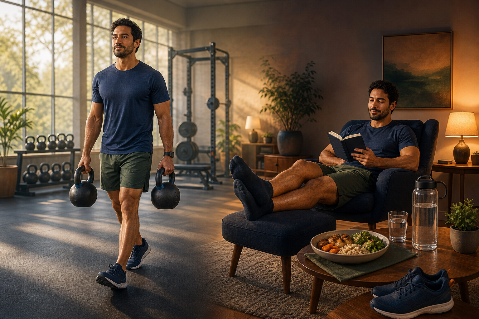 A split scene shows an adult performing a loaded carry in a gym and later resting at home with food and water nearby.