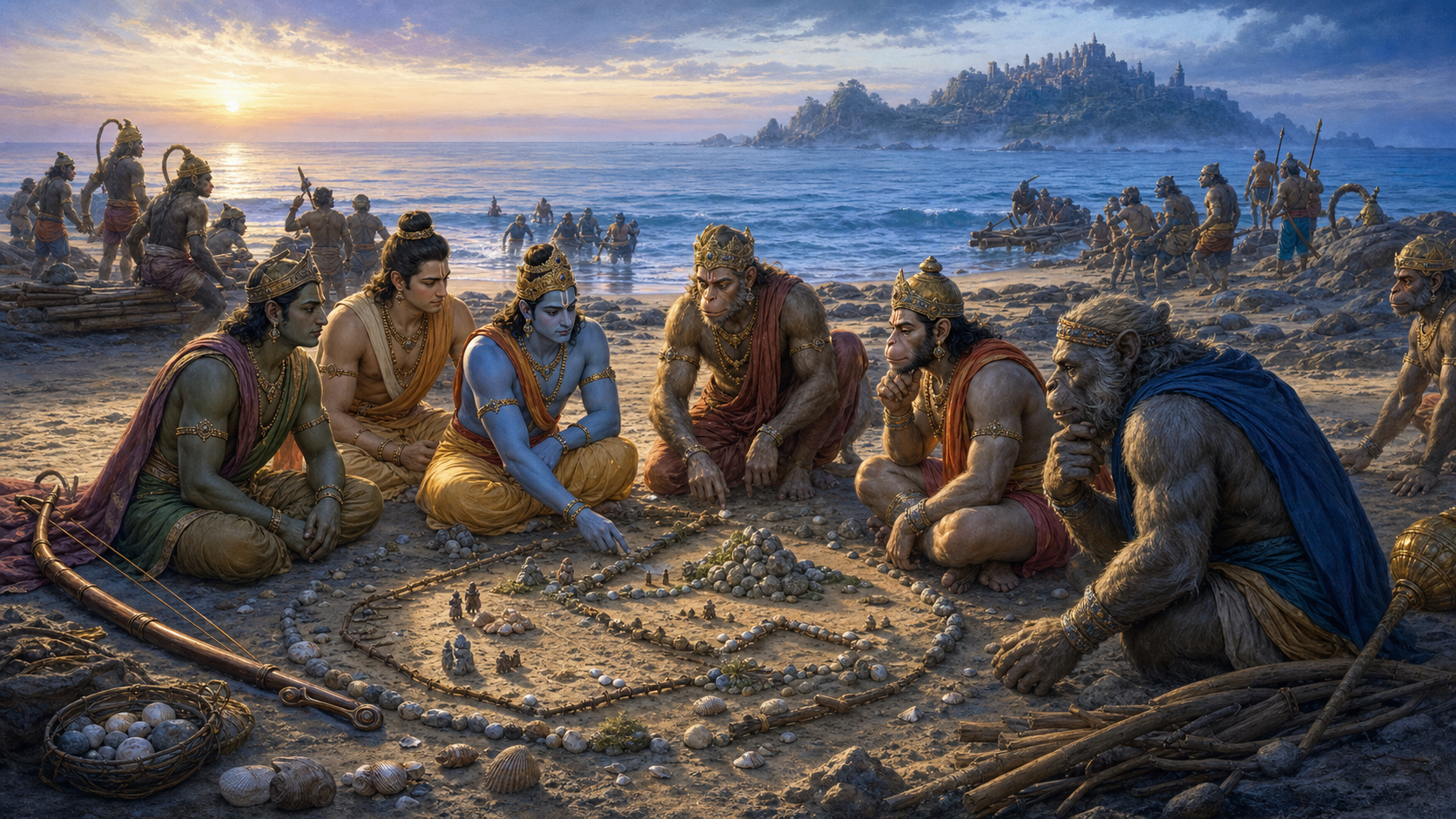 Defenders with lowered weapons protect a mountain passage while families cross and attendants give water to a traveler.