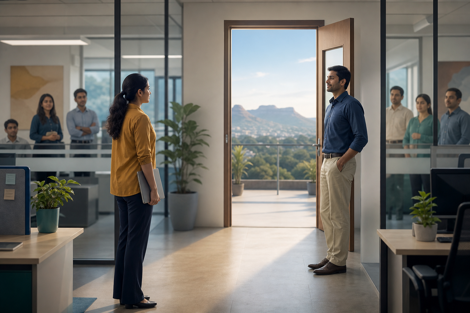 Two employees maintain a respectful distance near an open doorway in a modern Indian office while coworkers remain in the background.