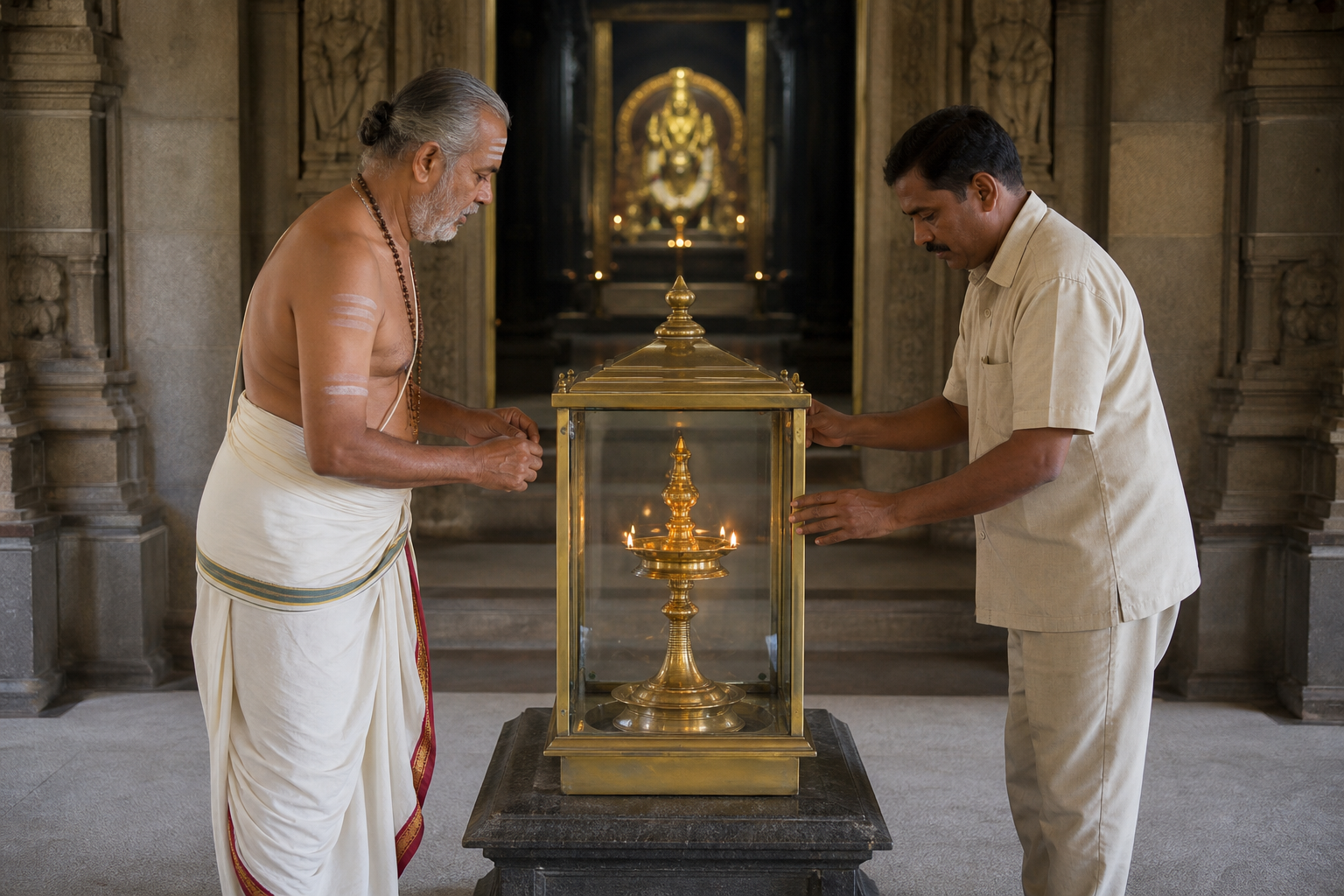 A priest and temple steward inspect a continuously burning brass lamp protected by a glass enclosure on a stone pedestal inside a temple.