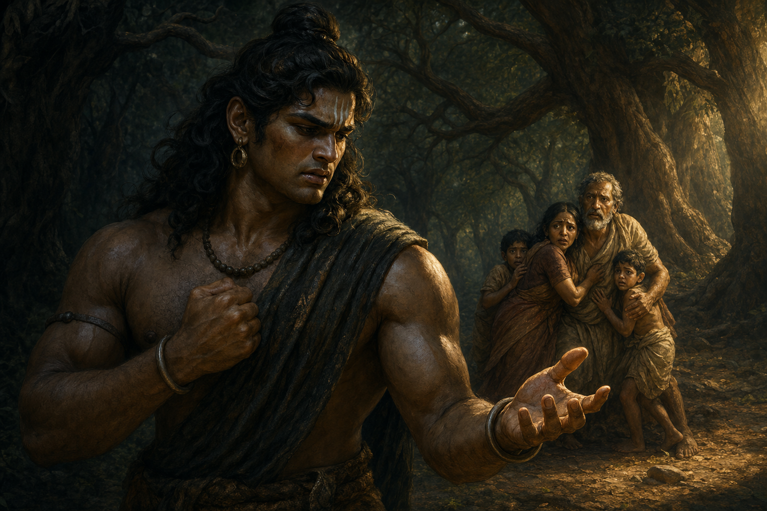 Ghatotkacha looks conflicted beneath dark forest trees as a Brahmin couple protects their sons behind him.