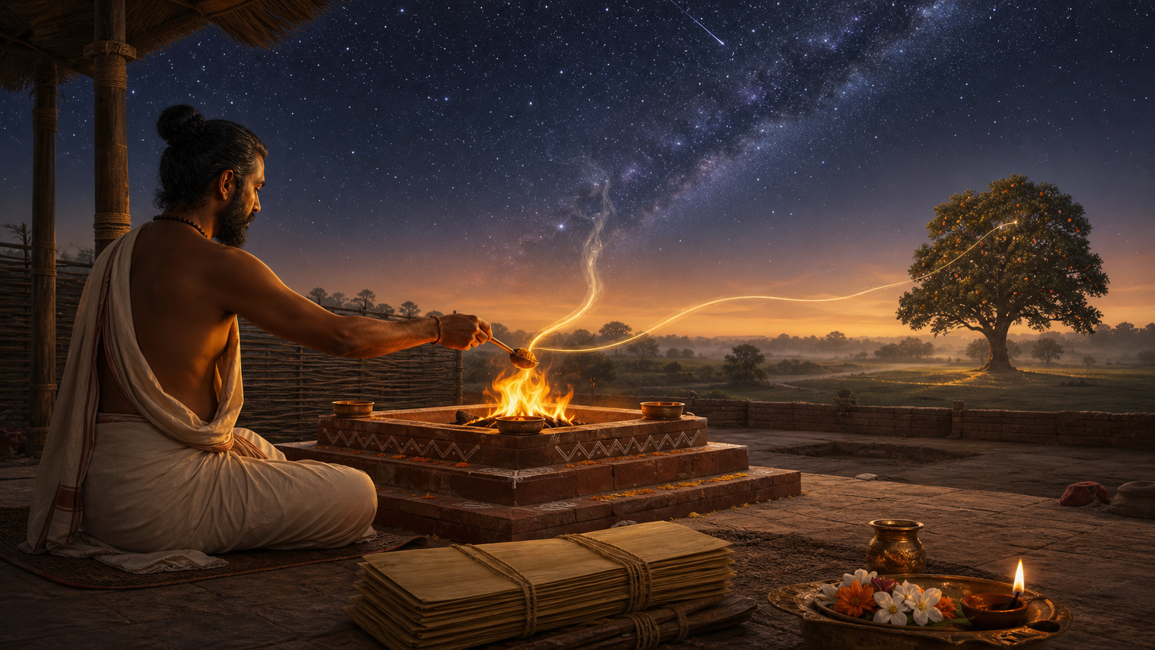 A Vedic fire ritual at dawn surrounded by a cosmic horizon, palm-leaf manuscripts, a distant fruit-bearing tree, flowers, and offering vessels.